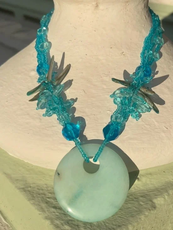 Vintage Larimar Stone Glass Shell Blue Beaded Statement Necklace & Earrings Set - Picture 7 of 8
